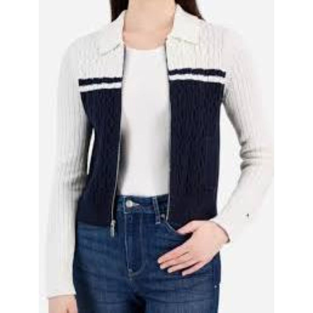 Tommy Hilfiger Collegiate-Style Varsity Full-Zip Sweater Blue White Colorblock M